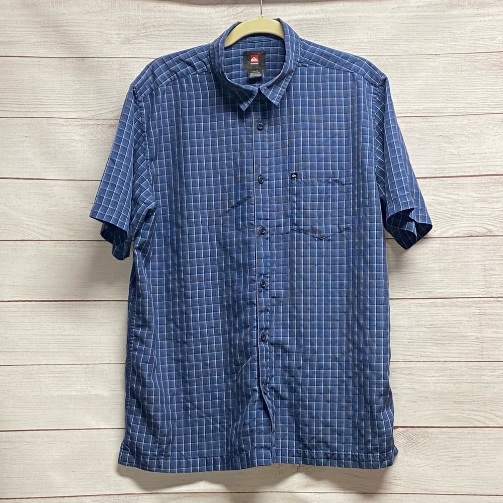 L Quiksilver Blue, Black and White Plaid Button-Down Shirt